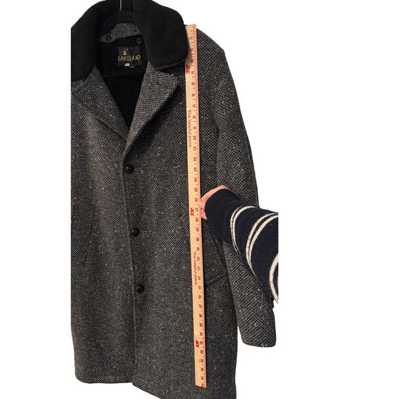 Huckberry Vintage XL Tweed 100% Wool Shearling Coat $550 Long Jacket Black Gray - Picture 9 of 13